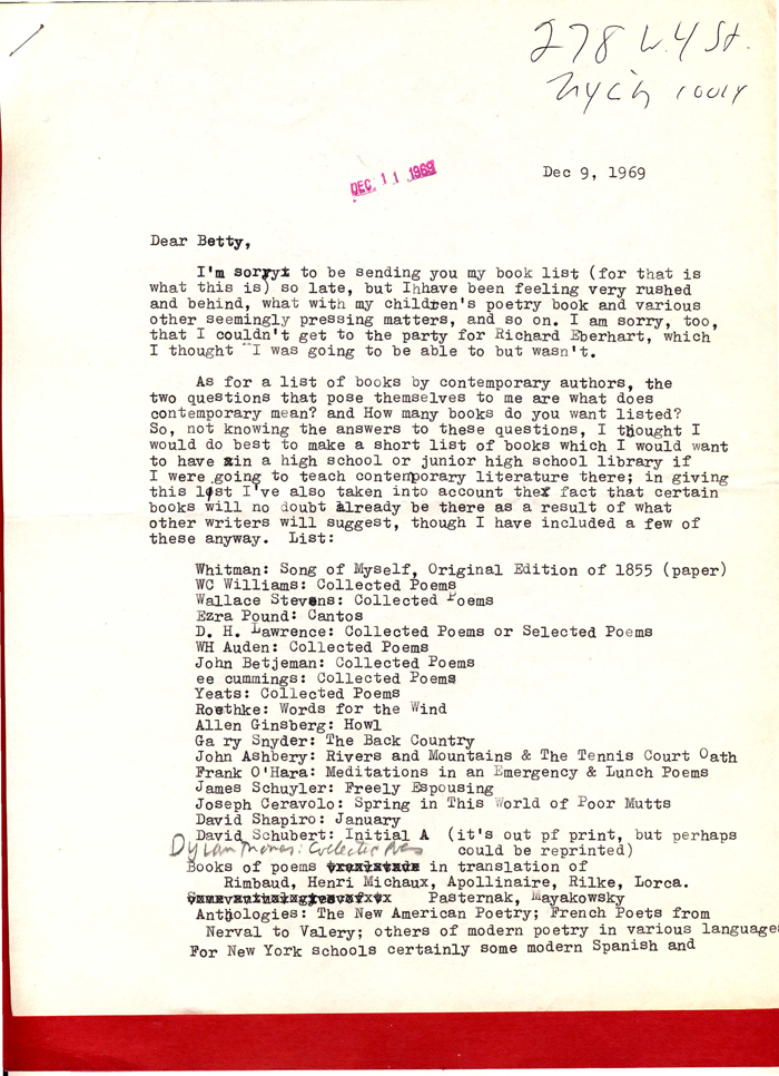 Kenneth Koch's 1969 Letter