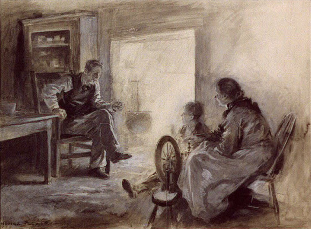 Fogarty, Thomas, Artist.&nbsp;Man, Woman, and Boy by Fireplace. , None. [Between 1890 and 1938] Photograph.